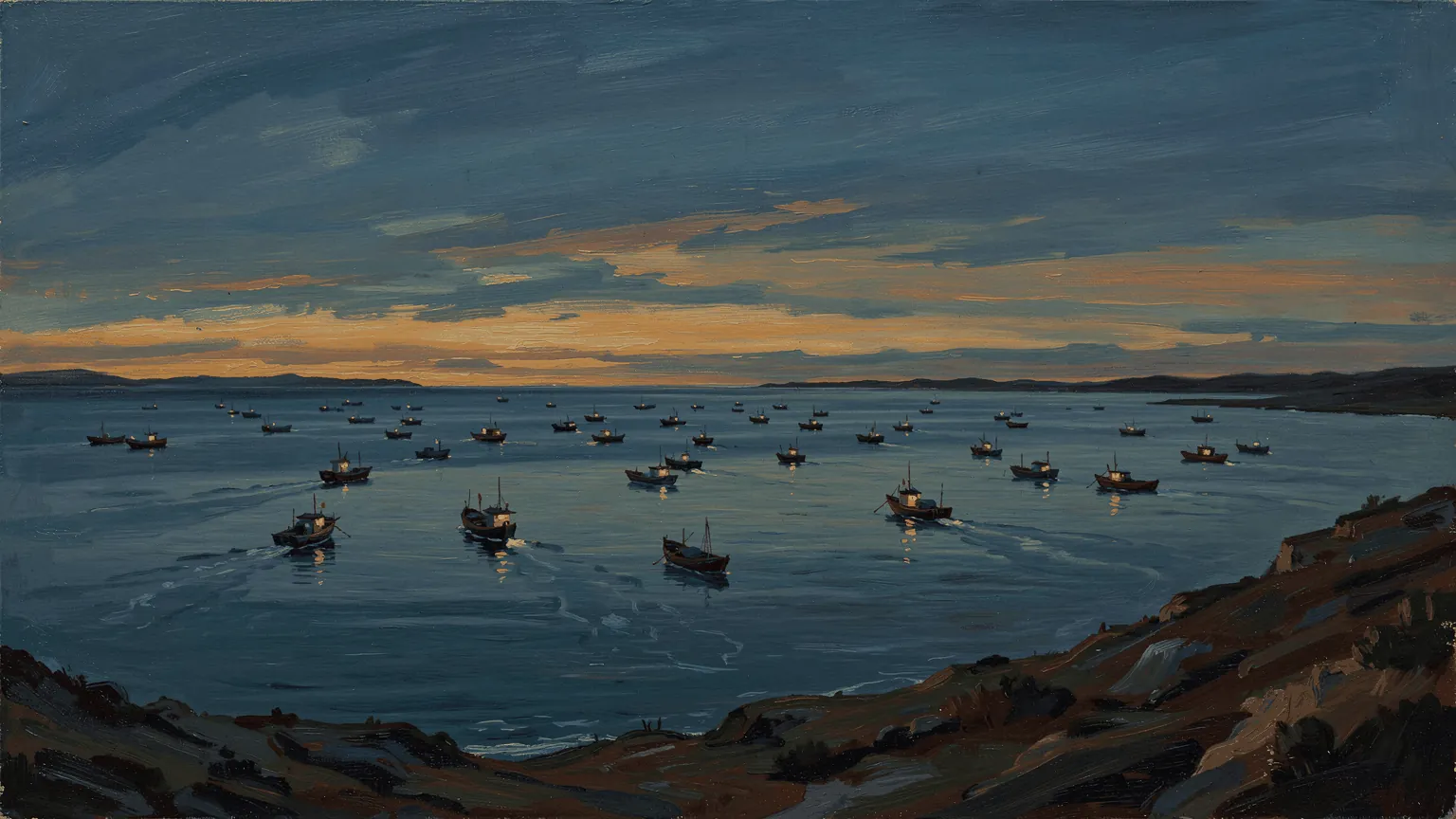 A bay at dusk, scattered with small boats, each with its own lantern and its own course. A painting.