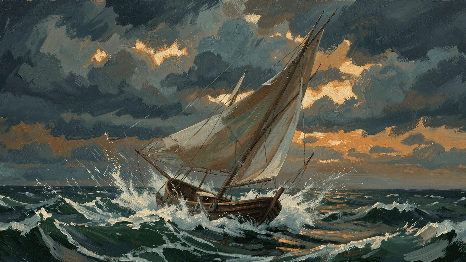 A small boat carrying far too much sail in a squall. A painting.