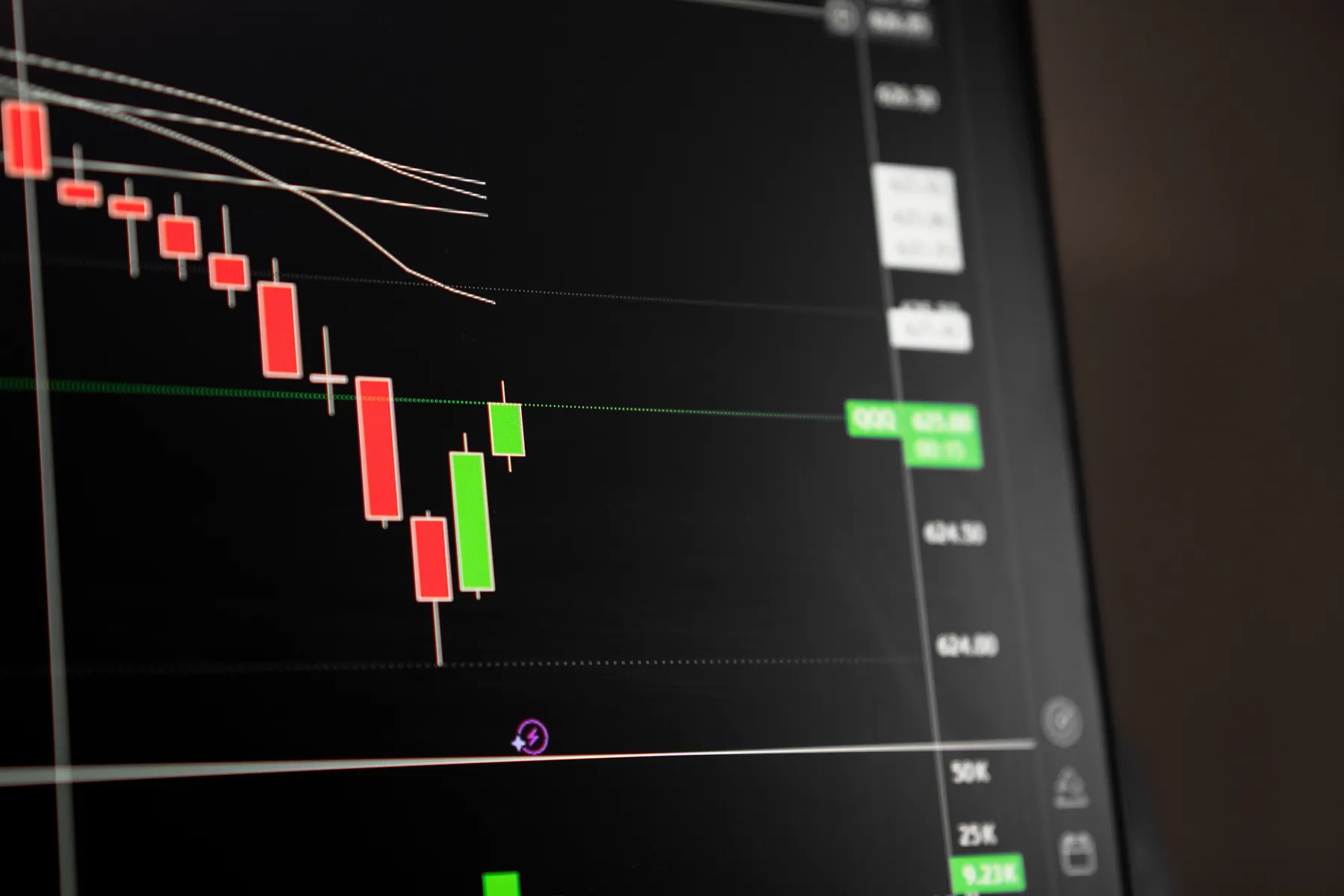A candlestick chart sliding into a dip, with the first green bars at the bottom. Photograph: Alex Luna, Pexels.