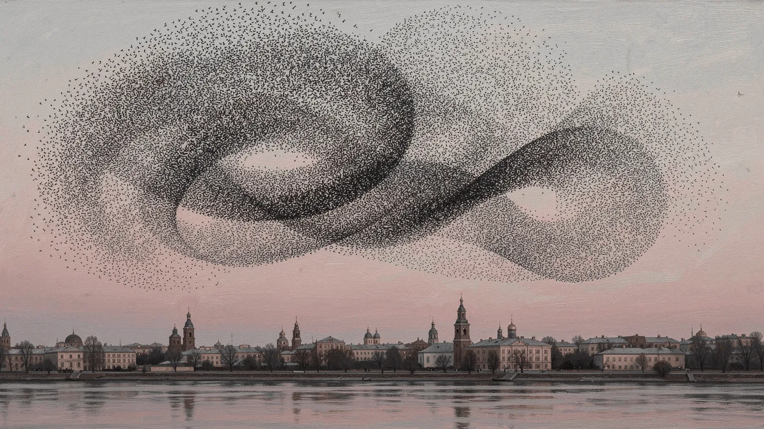 Starlings over a river city at dusk: thousands of birds folding into one ribbon, with no leader, and not one of them able to see the whole flock.