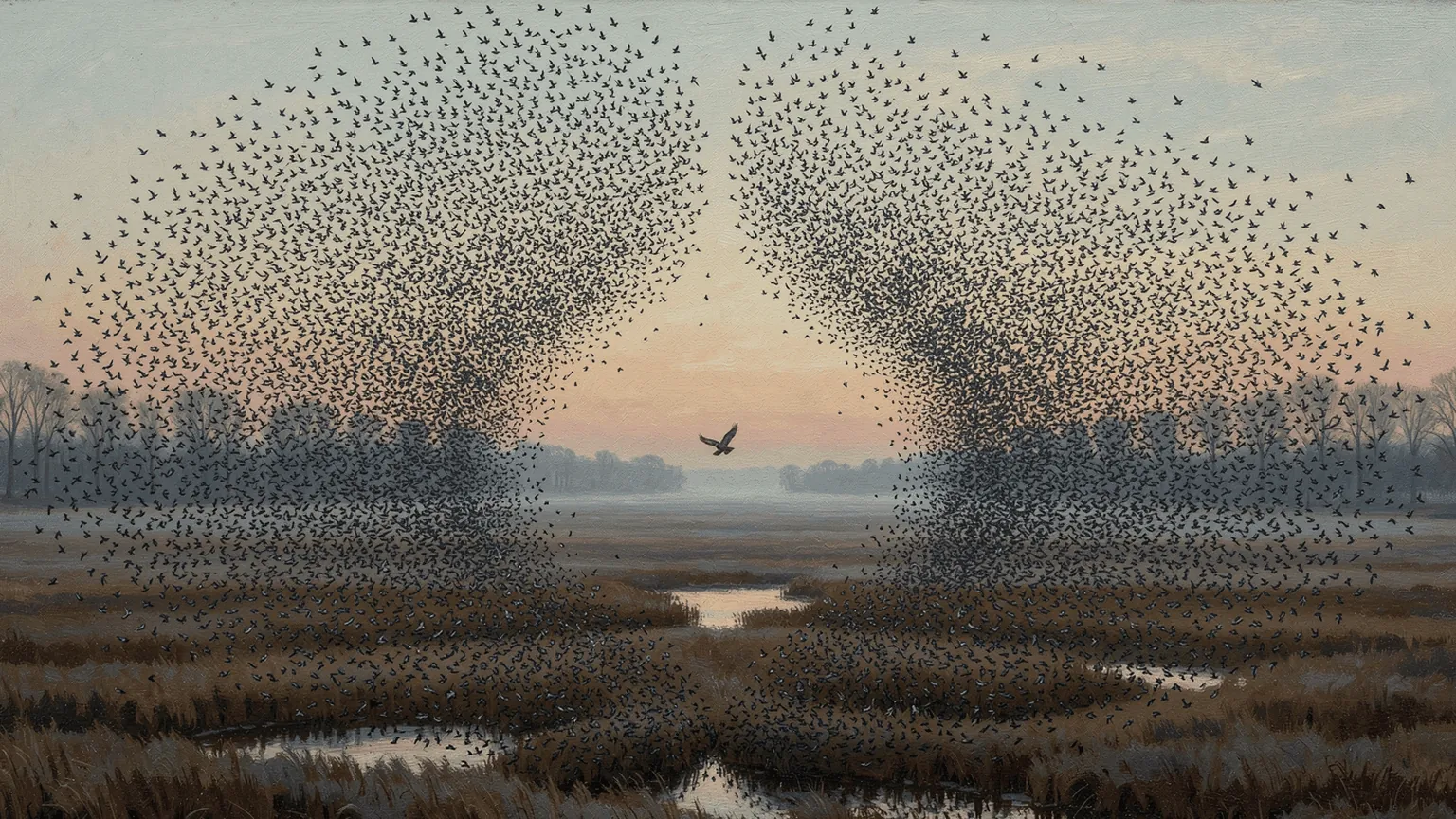 A falcon cuts through and the flock tears in two. Where the flock thins, a bird that listened only within a fixed distance would find itself alone.
