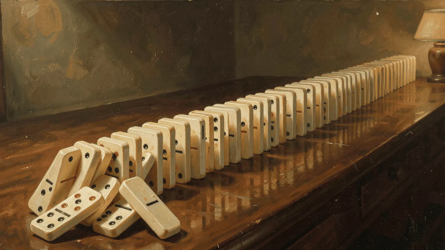 Dominoes falling in a line. Each one hands the fall on at full strength, as a starling hands on a turn.