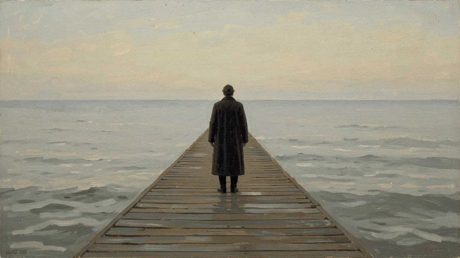 Standing perfectly still at the end of a pier. It looks like rest. It is a fall being caught, over and over.