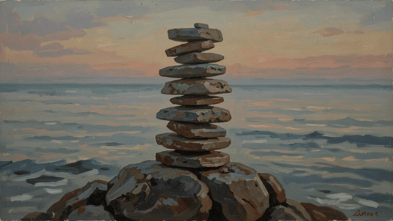 A cairn on a rock by the sea. It stands because nothing is moving. A body stands because something always is.