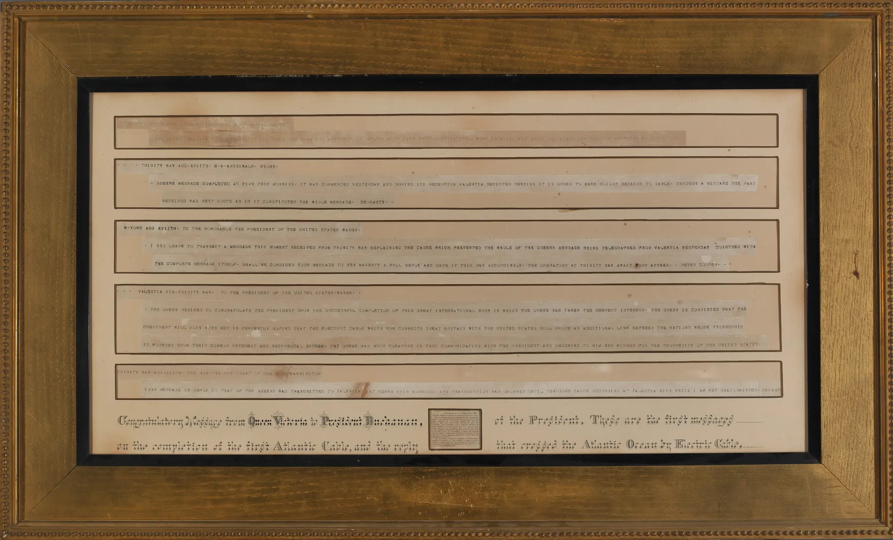 Queen Victoria's message to President Buchanan and his reply, the first messages to cross the Atlantic by cable, as printed in 1858. Smithsonian American Art Museum, CC0, via Wikimedia Commons.
