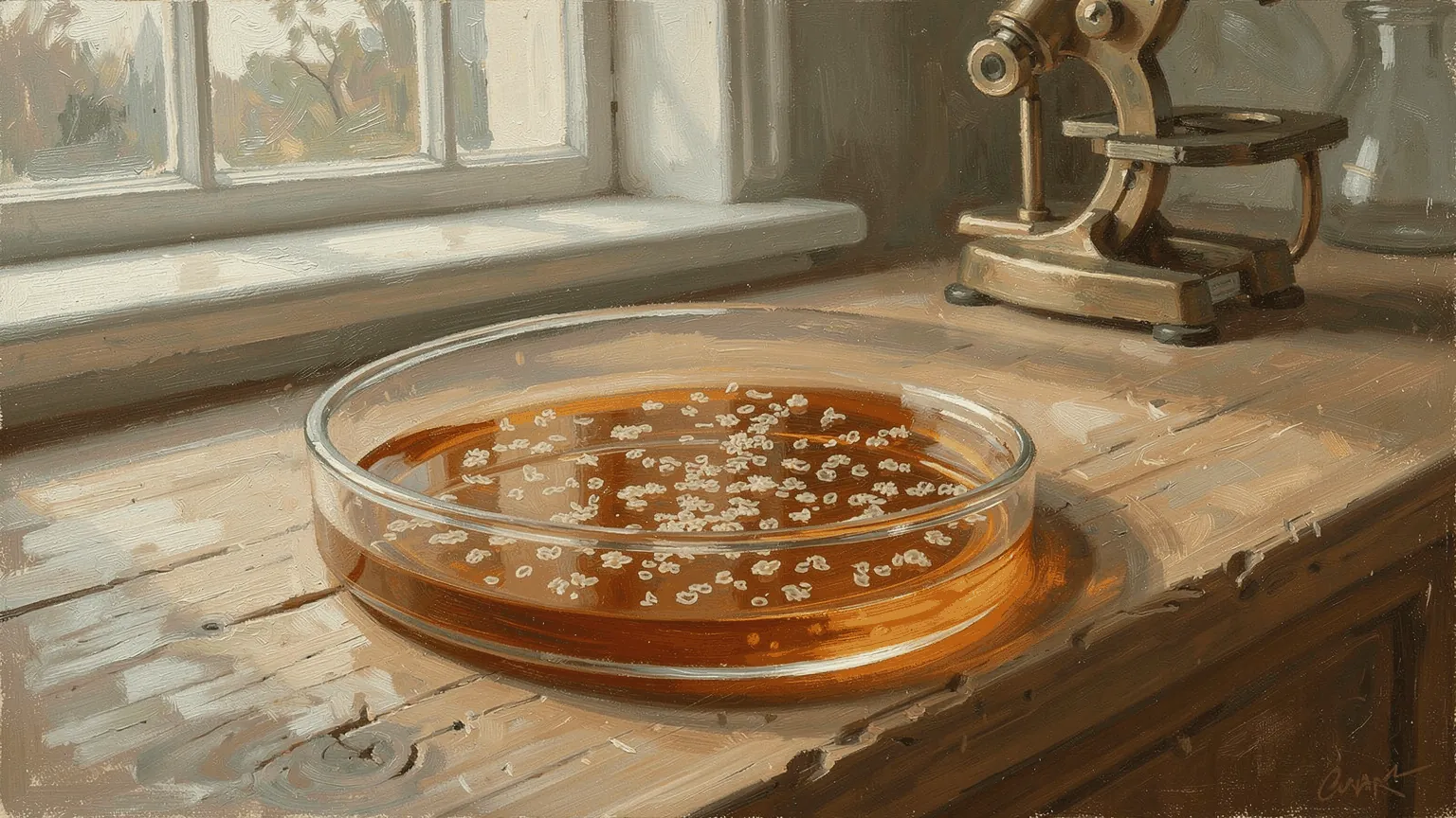 A petri dish of bacteria on a laboratory bench. Each colony is solving the same allocation problem, one protein at a time.