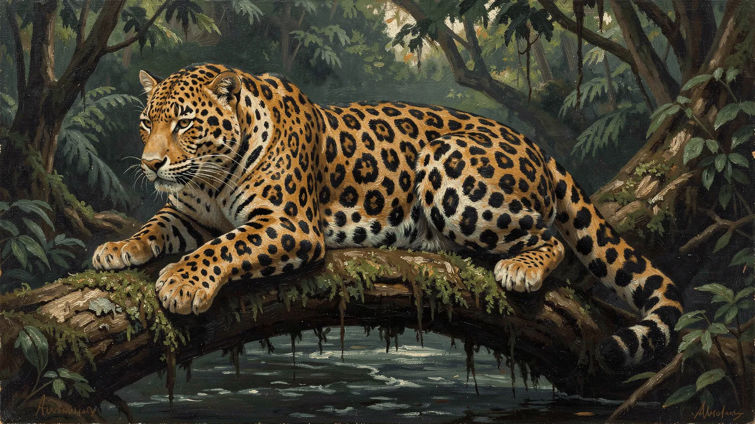 A jaguar on a branch. Each rosette is a broken black ring around a darker centre, often with a dot inside: the pattern the equation below sets out to paint.