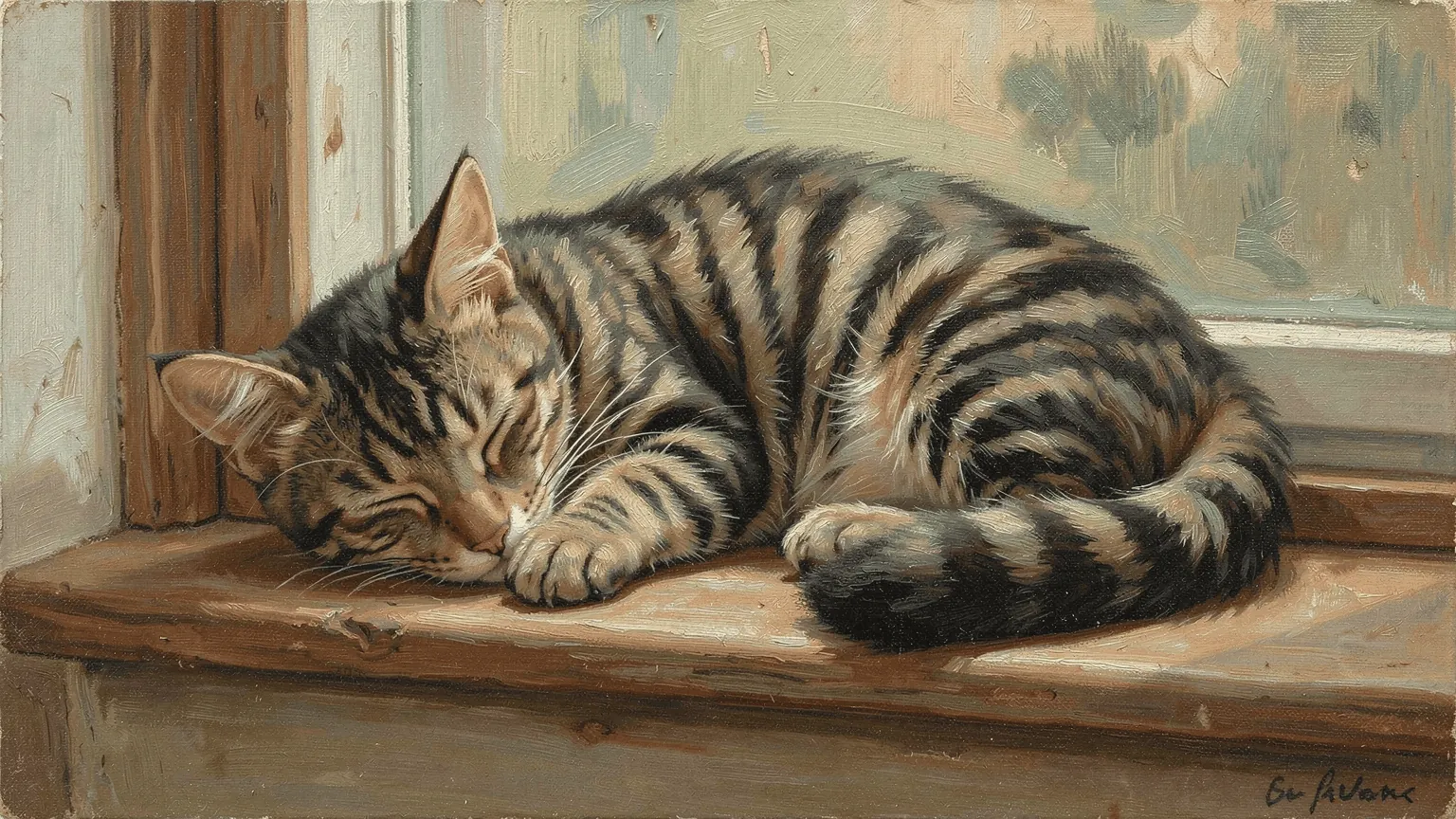 A tabby kitten asleep. Its stripes were laid down in fetal skin, before any fur grew, by an activator and an inhibitor: the first cat pattern caught at the molecular level.