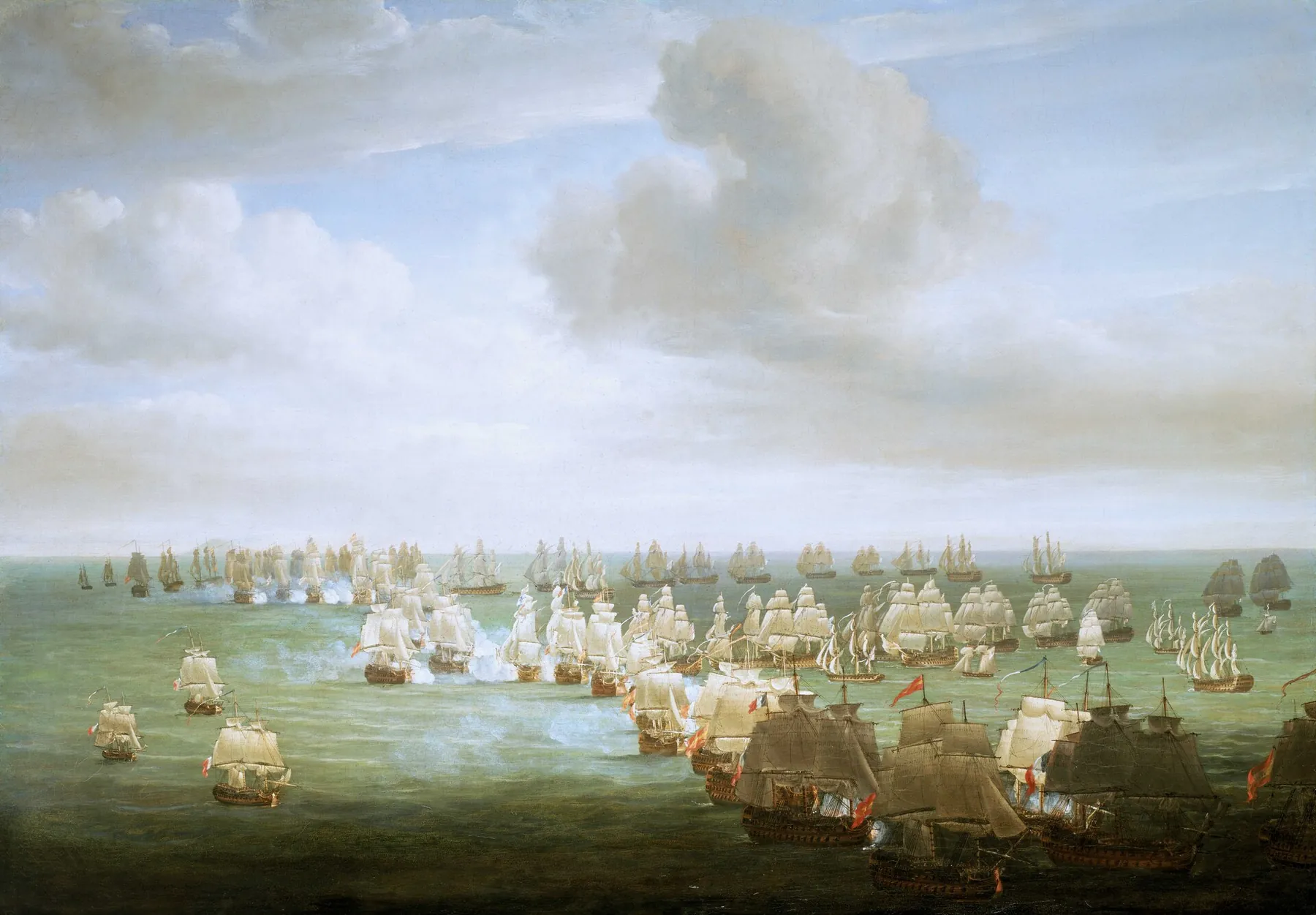 Nicholas Pocock, The Battle of Trafalgar, 21 October 1805: Beginning of the Action (about 1808), seen from the north-east. Near the centre, the Victory breaks through the allied line astern of Villeneuve's flagship Bucentaure at the head of Nelson's column; Collingwood's column cuts the line in the…