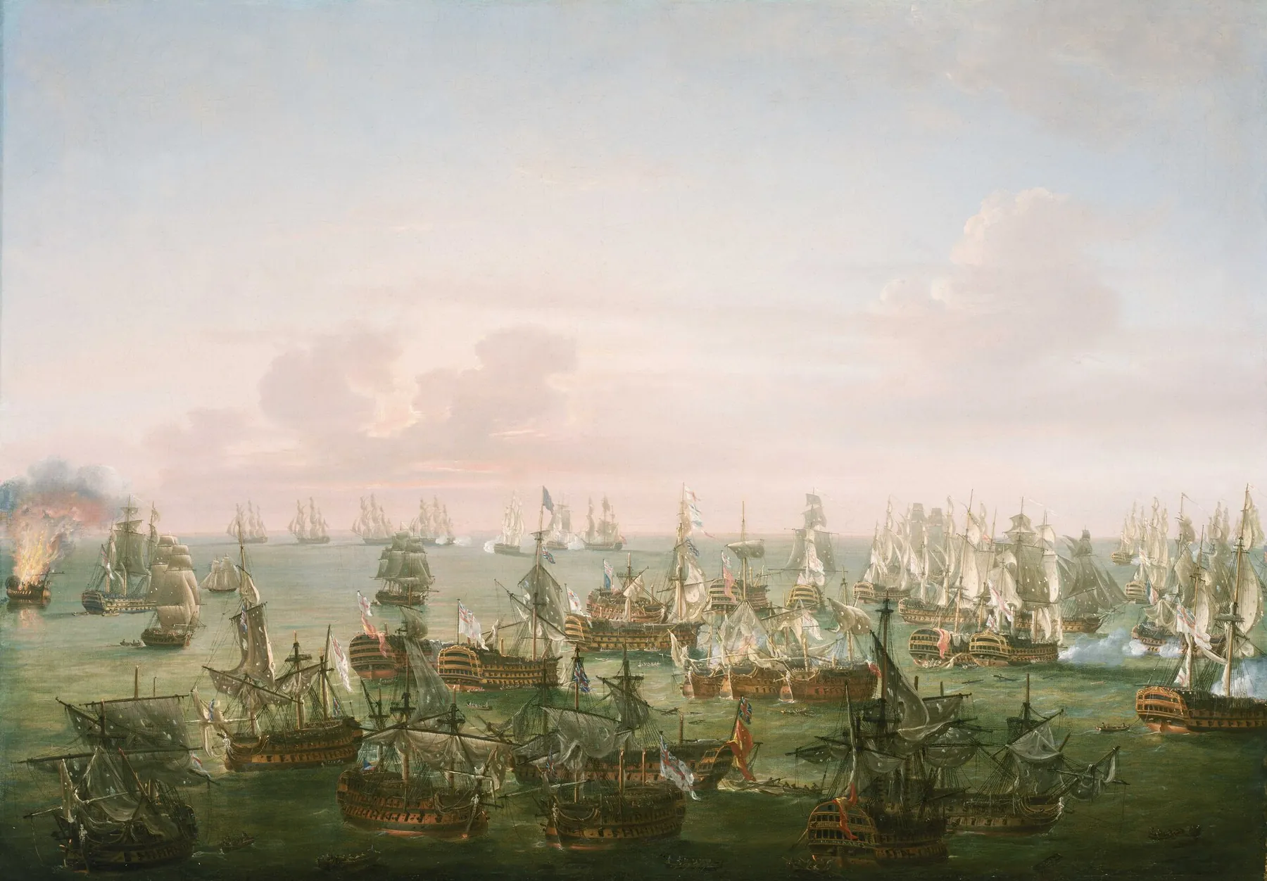 Nicholas Pocock, The Battle of Trafalgar, 21 October 1805: End of the Action (about 1808), about 5 p.m., seen from the south-east: the most shattered British ships lie with their prizes, and beyond them the surviving allied ships make their escape. National Maritime Museum, Greenwich; public…