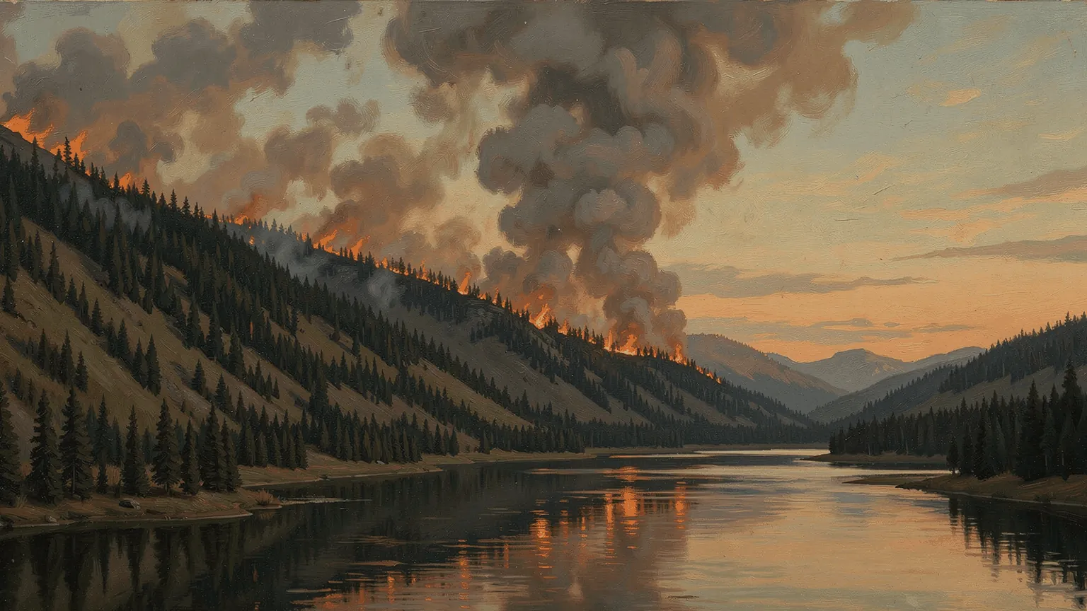 A fire along a forested ridge above an interior lake at dusk. A painting, not a photograph.