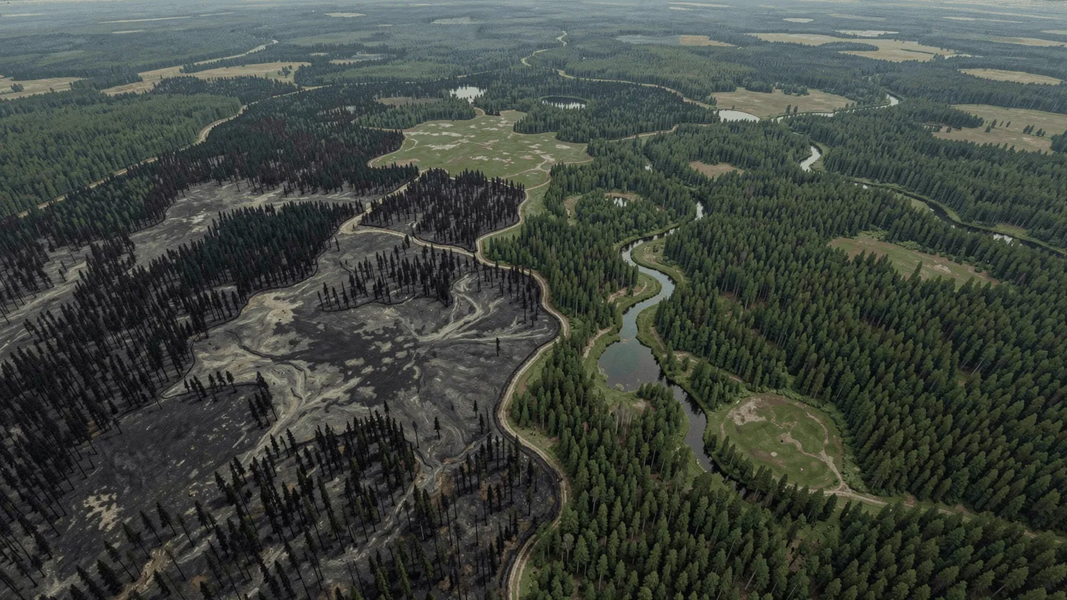 A boreal forest after a fire, from the air: on one side everything burnt, on the other nothing, and a sharp edge between them along a river, a gap the fire could not cross. A painting.