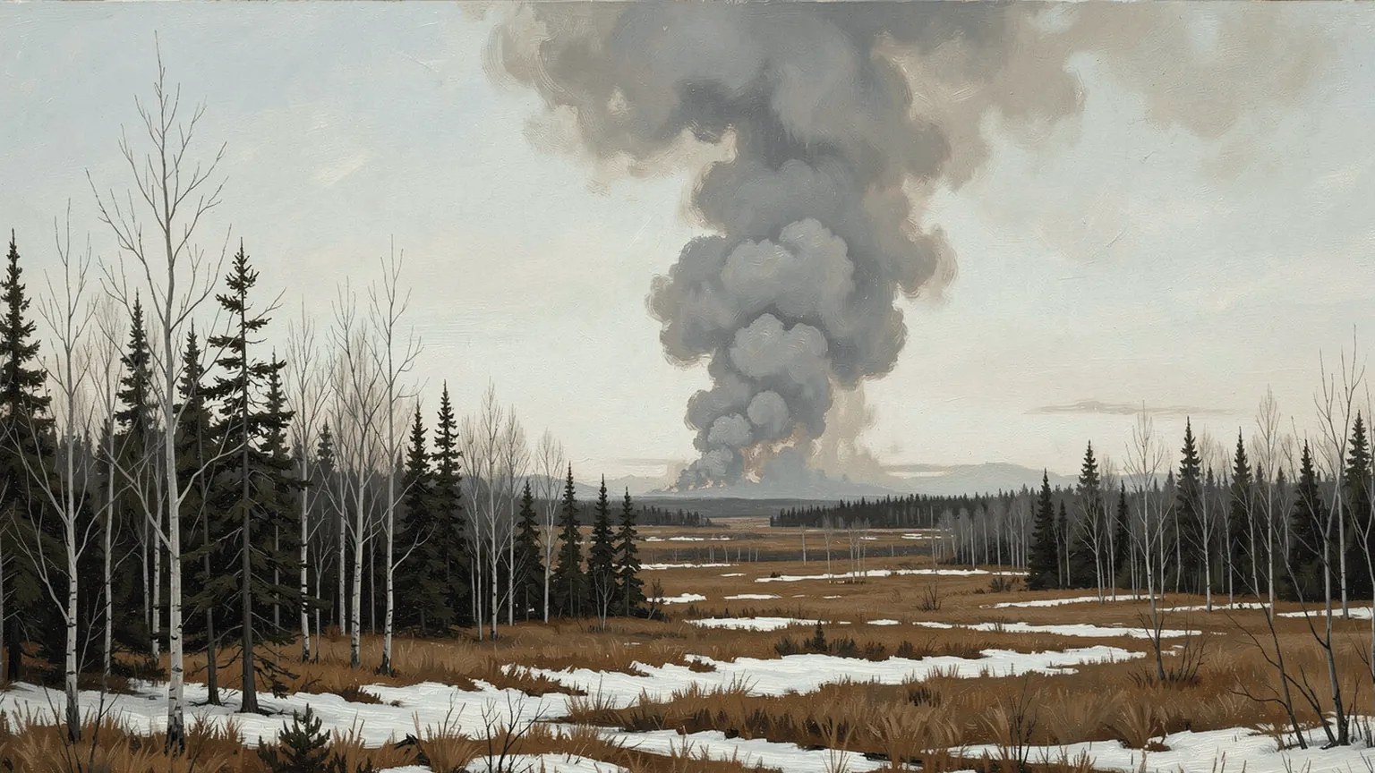 Early spring in the northern boreal forest: snow still lying in patches, dead grass, bare aspen, and a column of smoke on the horizon. A painting.