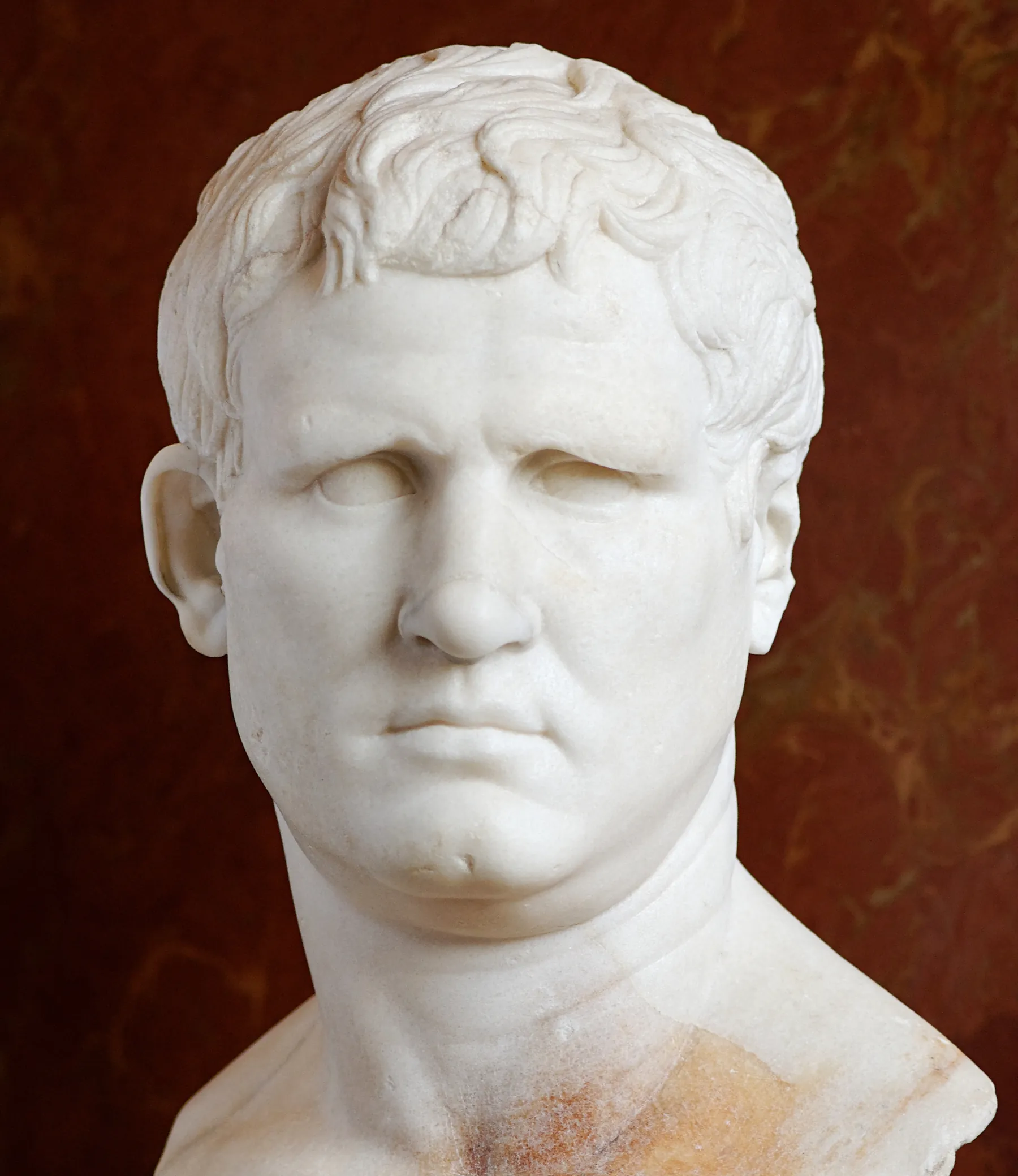 Marcus Agrippa: a marble portrait of the Gabii type, about 25–24 BC, found at Gabii and now in the Louvre (Ma 1208). Photograph by Marie-Lan Nguyen, CC BY 2.5, via Wikimedia Commons; cropped.