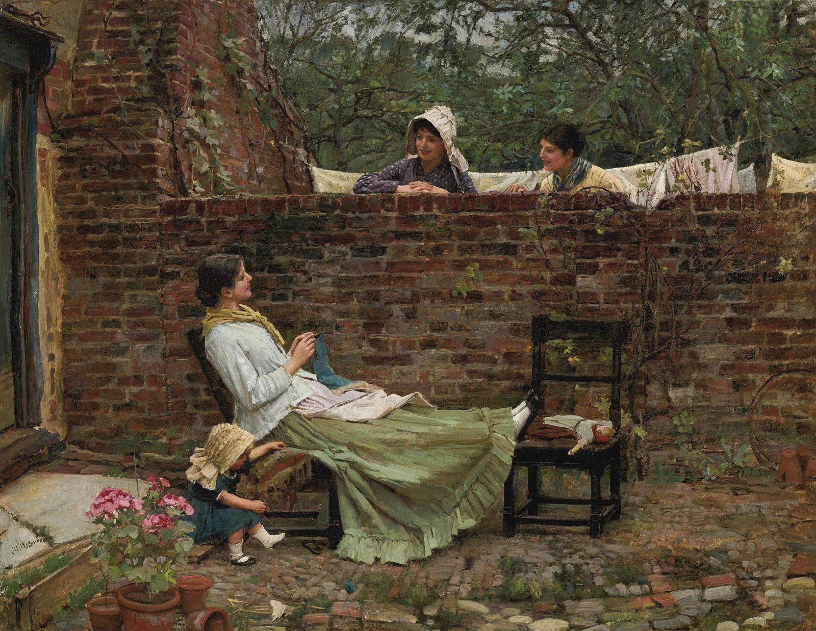John William Waterhouse, Good Neighbours (also called Gossip), 1885, oil on canvas, private collection. Public domain, via Wikimedia Commons.