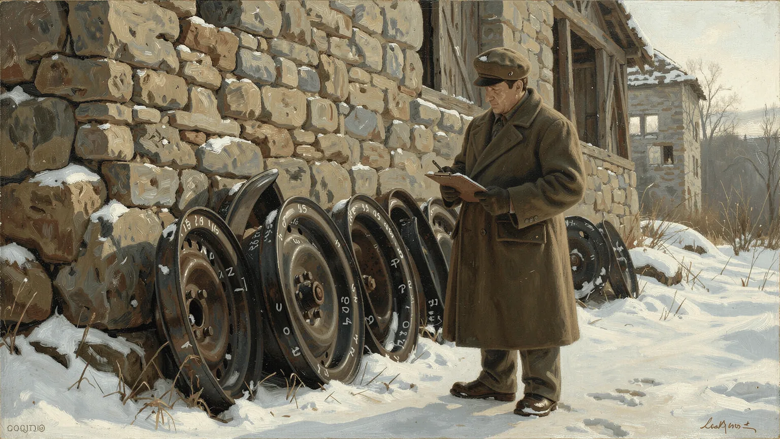 Two wrecks, sixty-four wheels, one number cast into each. Enough to count a month of an enemy's production to within six tanks.