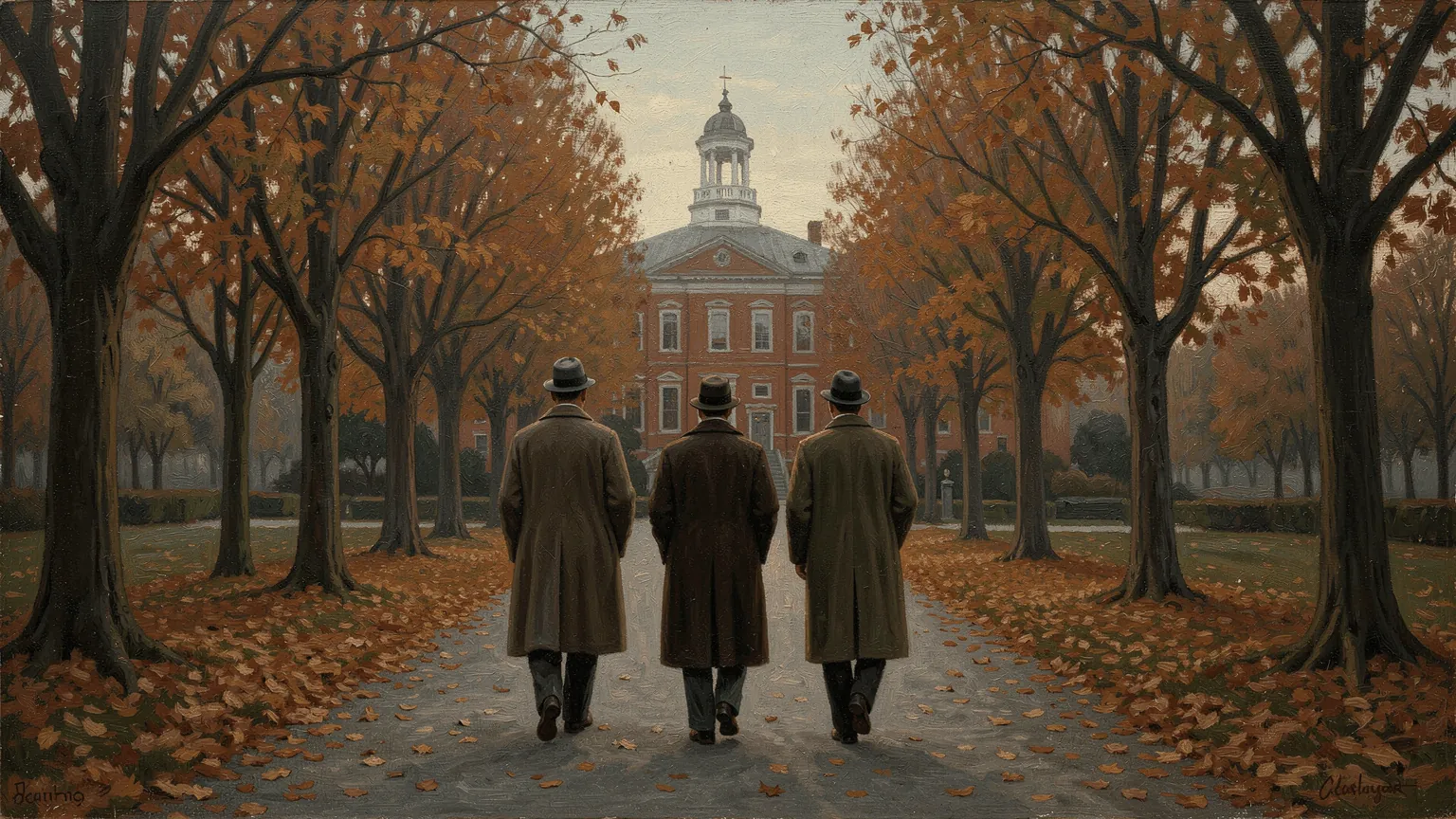 Three walkers on an autumn path. The walks happened with two; this post imagines one with three.