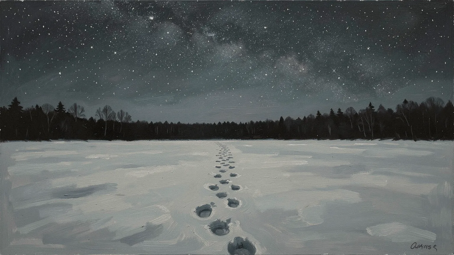Footprints across a snowfield under the stars. Each print is later than the step that made it, whatever anyone's clock says: the order in which records accumulate along a path.