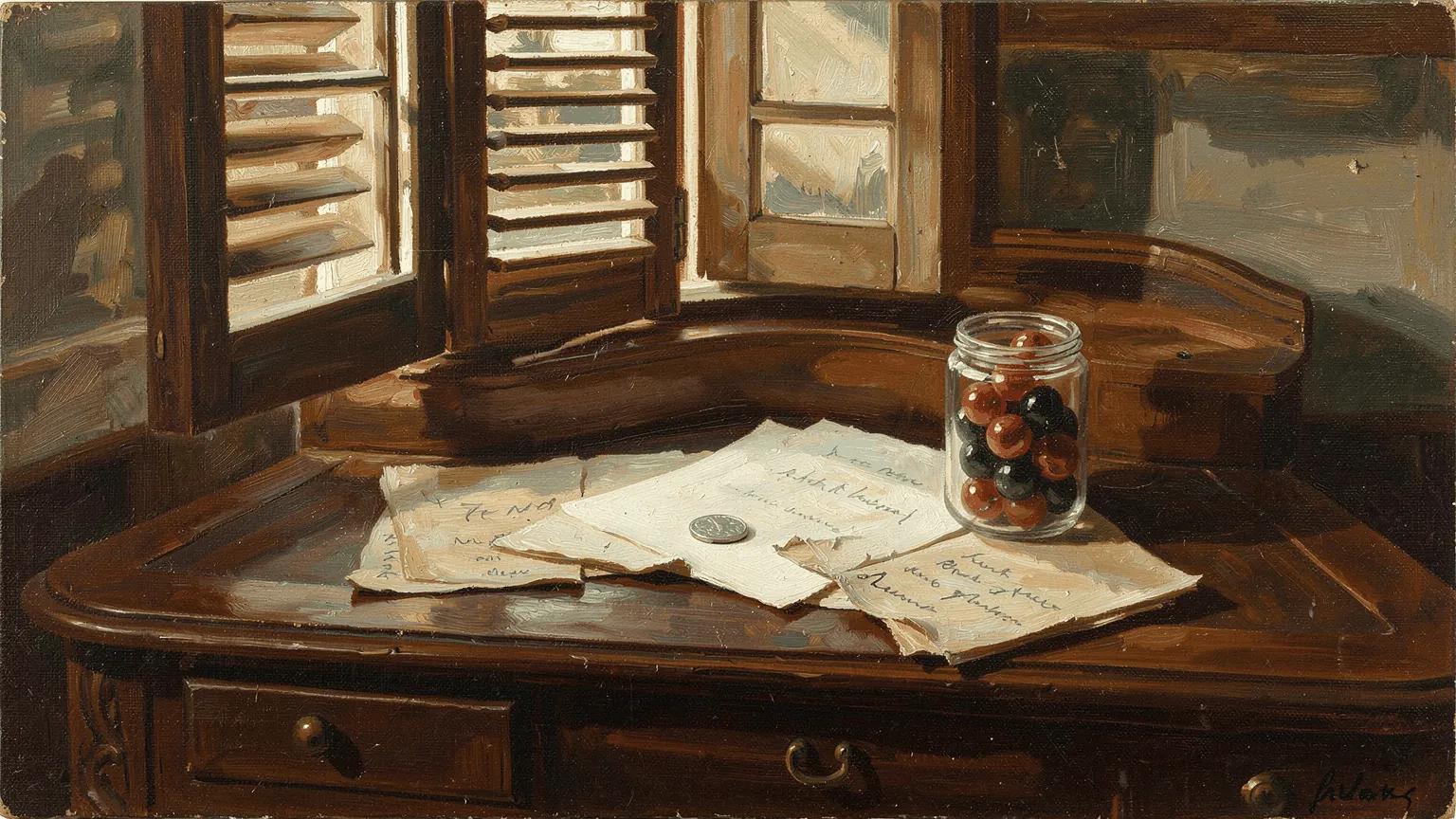 A jar of red and black, and one coin lying face down among the papers. De Finetti's theorem is the claim that these are the same object: the urn is that unknown coin, and every draw is another look at it.